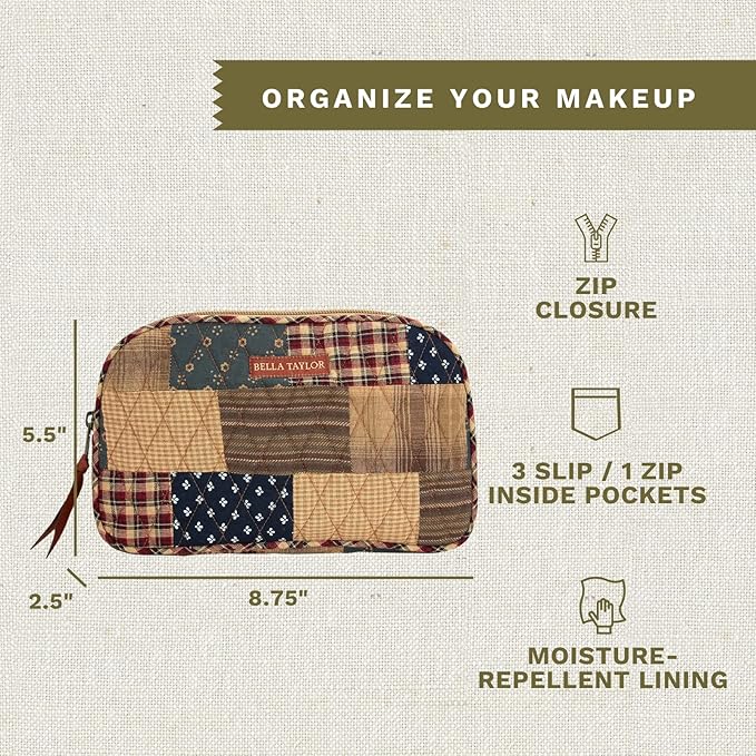 Bella Taylor Large Quilted Cotton Makeup Pouch for Women, Travel Cosmetic Bag, Quilted Cotton Primitive Patch Navy, Red and Tan Patchwork