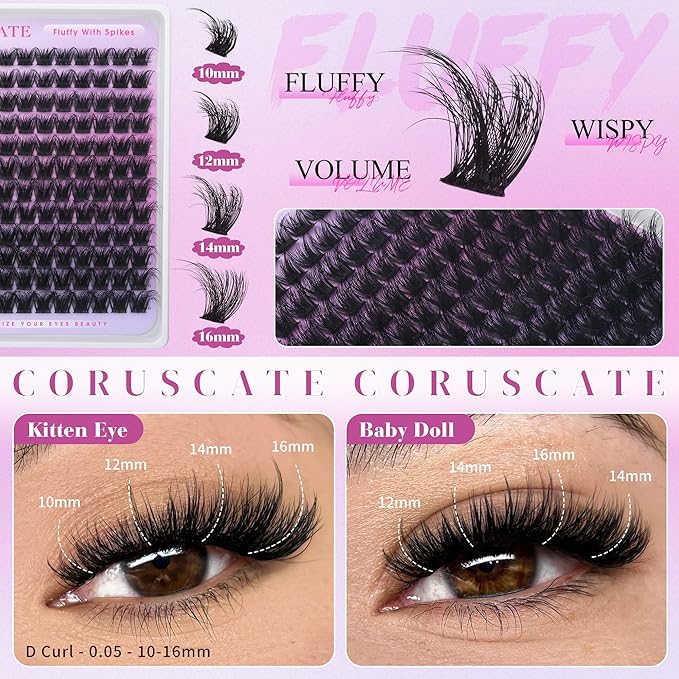 Lash Clusters Kit with Fairy Spikes, Volume Eyelash Clusters Wispy Lash Extension Kit 10-16mm DIY Full Look Cluster Eyelash Extensions Thick Lashes kit Spiky with Lash Cluster Glue by CORUSCATE
