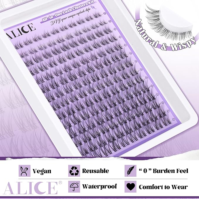 ALICE Cluster Eyelash Extension Kit Natural Wispy Lash Clusters Kit Lash Extension Kit Clear Band 168pcs C-Curly 11-13mm Individual Lashes with Lash Glue Bond and Seal Self Application at Home