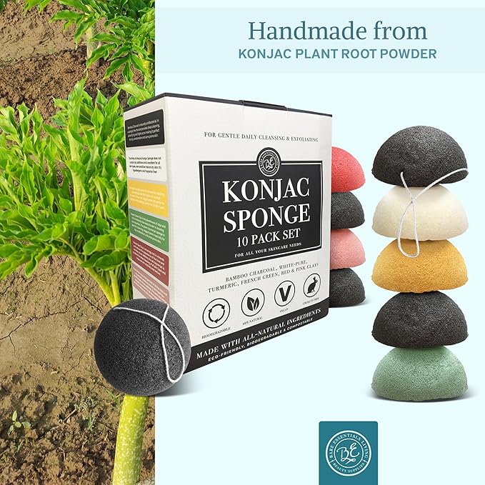 Bare Essentials Living - Konjac Sponges Set (10 Pack) with Activated Bamboo Charcoal Facial Sponge, Natural, Great for Facials, Bath, and Exfoliating Body Sponge