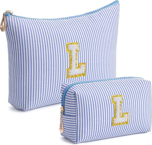 Blue Personalized Initial Makeup Bag Set, Cute Preppy Travel Toiletry Cosmetic Bags, Small Make Up Pouch, Birthday Gifts for Women, Girls, Friends, (L)