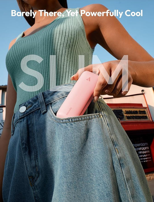 Aecooly Slim Handheld Fan, Mini Thin Portable Fan, Small Rechargeable Pocket [24H Max Cooling Time], Battery Powered Foldable Personal for Travel, Summer, Gifts for Women, Girls -Pink