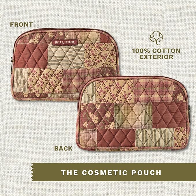 Bella Taylor Large Makeup Pouch for Women | Quilted Cotton Cosmetic Bag for Travel and Organization | Burgundy Patch