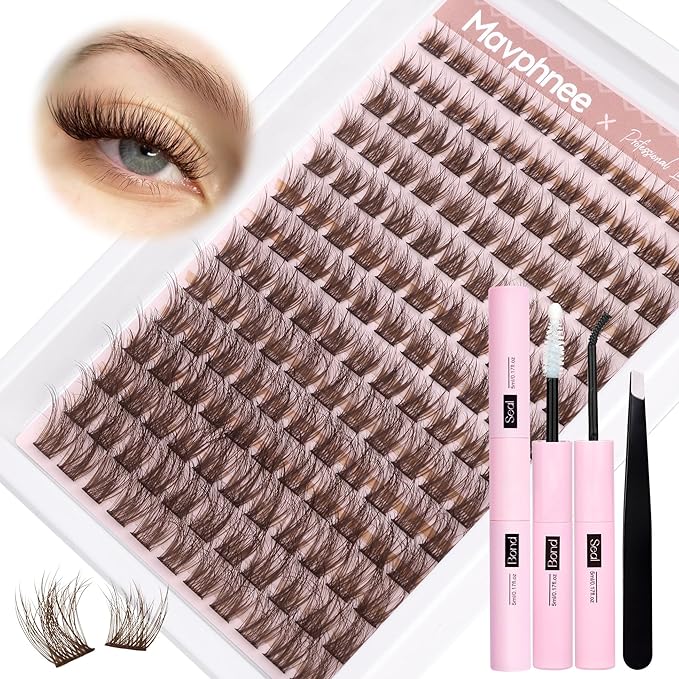 Brown Lash Clusters Kit Natural Dark Brown Eyelash Extensions Kit Wispy Individual Lashes C-Curly Cluster Lashes Extensions with Bond and Seal Lash Glue and Eyelashes Tweezers Lash Kit