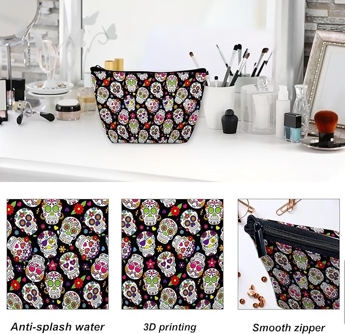 Makeup Bag Day of the Dead Sugar Skull Cosmetic Bag for Women, Waterproof Large Capacity Travel Organizer 9.5×5.9 Inch
