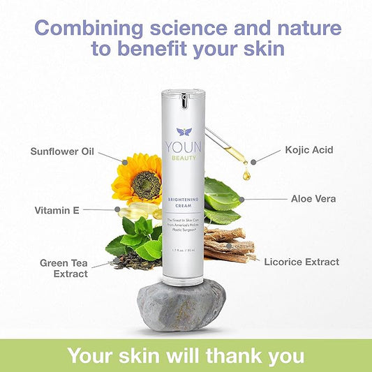 YOUN Beauty Brightening Cream with Kojic Acid, Glycolic Acid & Licorice Extract, 50ml – Hydroquinone-Free Cream for Face, Neck & Décolleté