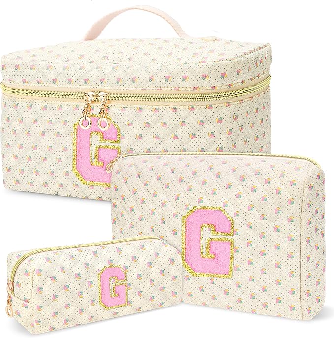 3 PCS Travel Makeup Bag Set, A-Z Initials Cotton Make up Bag Floral Quilted Cosmetic Bag for Girls and Women, Personalized Cute Toiletry Bag Travel Accessories Brushes Bag Yellow - G