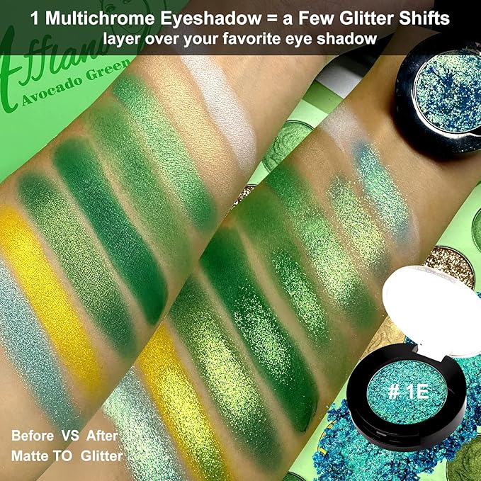 Afflano Single Green Eyeshadow - Shimmery, Highly Pigmented Multichrome, Color Changing Forest Green Glitter, Holographic Chrome Eye Shadow