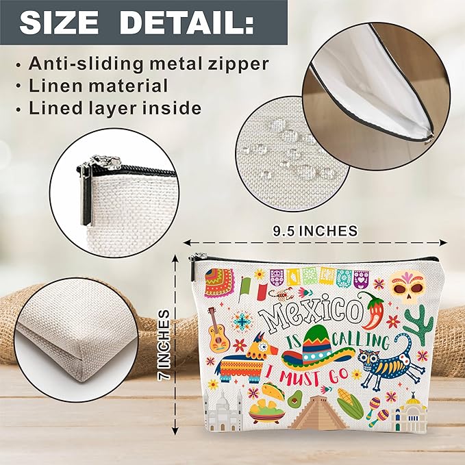 Mexico Souvenirs Cosmetic Bags For Women，Mexico Is Calling I Must Go, Makeup Organizer Bag, Toiletry Pouch, Small Travel Storage Bag, Mexico Themed Gifts, Women Essentials - D07