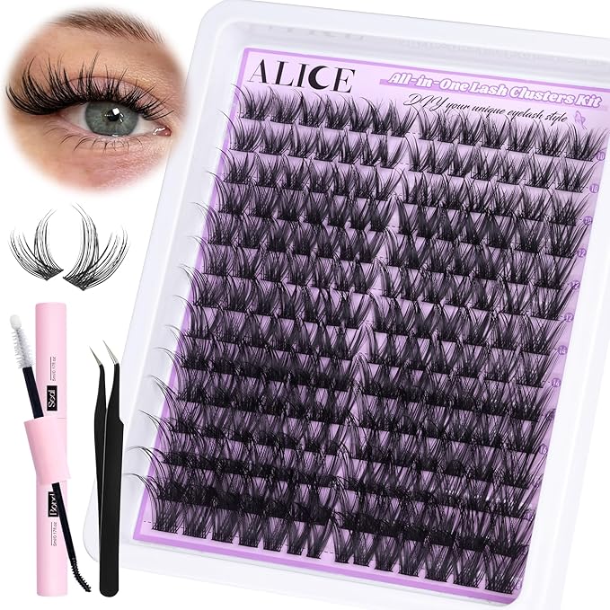 ALICE Cluster Eyelash Extension Kit Natural Wispy Lash Clusters Kit DIY Lash Extension Kit 196pcs 10-18mm Individual Lashes with Mix 4-7mm of Lash Band Lash Glue Lash Twezeers