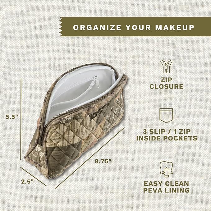 Bella Taylor Large Makeup Pouch for Women | Quilted Cotton Cosmetic Bag for Travel and Organization | Woodland Patch