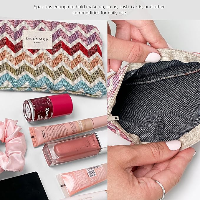 Medium Chevron Travel Size Toiletries Makeup Pouch – Travel Cosmetic Bag, Toiletry Organizer & Coin Purse for Women, Perfect Gifts for Her, Zipper Makeup Bag, Made in Barcelona, Spain