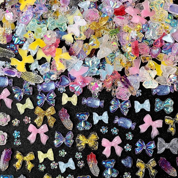 110 Pieces 3D Nail Charms for Acrylic Nails, Camellia Rose Flower Butterfly Bowknot Heart Bear Rabbit Star Charms for Nail Art Designs DIY Accessories Craft(Bear Bow)