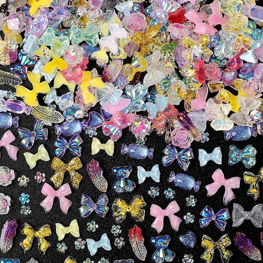 110 Pieces 3D Nail Charms for Acrylic Nails, Camellia Rose Flower Butterfly Bowknot Heart Bear Rabbit Star Charms for Nail Art Designs DIY Accessories Craft(Bear Bow)