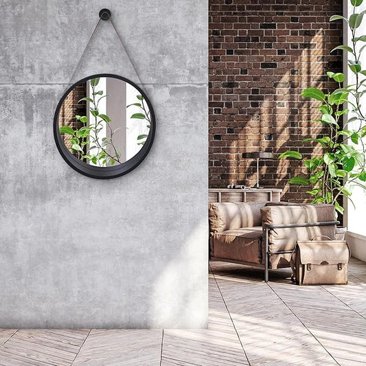 Americanflat 20" Round Mirror with Strap - Hanging Mirrors with Durable Frame - Modern Mirror for Bathroom, Bedroom, Living Room - Mirrors for Wall Display and Home Decor - Black