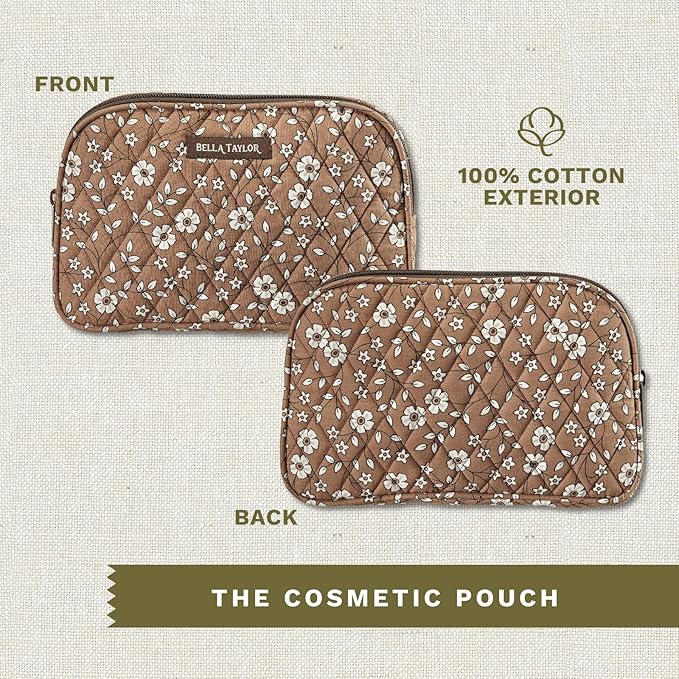 Bella Taylor Large Quilted Cotton Makeup Pouch for Women, Travel Cosmetic Bag, Quilted Cotton Vintage Vine Brown Floral