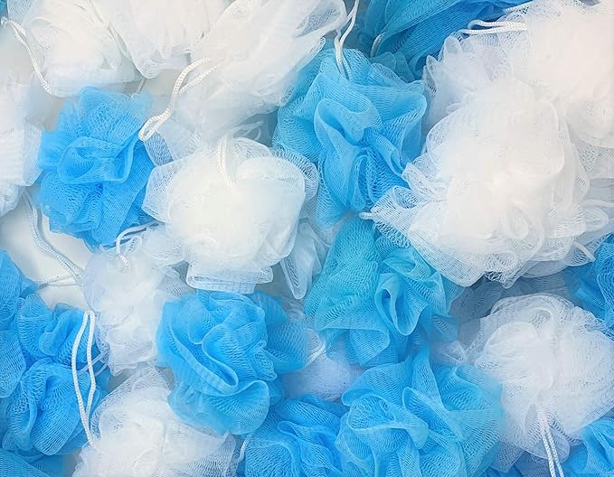 20 Blue and White Bath or Shower Sponge Loofahs Pouf Medium Mesh Wholesale Bulk LOT