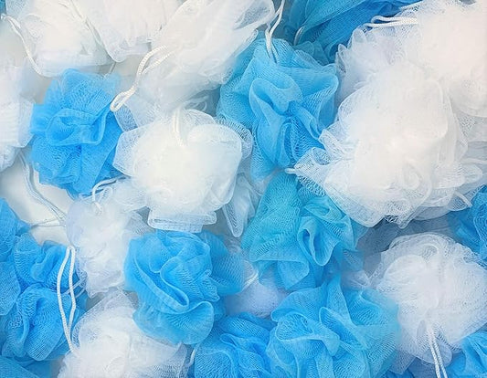 20 Blue and White Bath or Shower Sponge Loofahs Pouf Medium Mesh Wholesale Bulk LOT