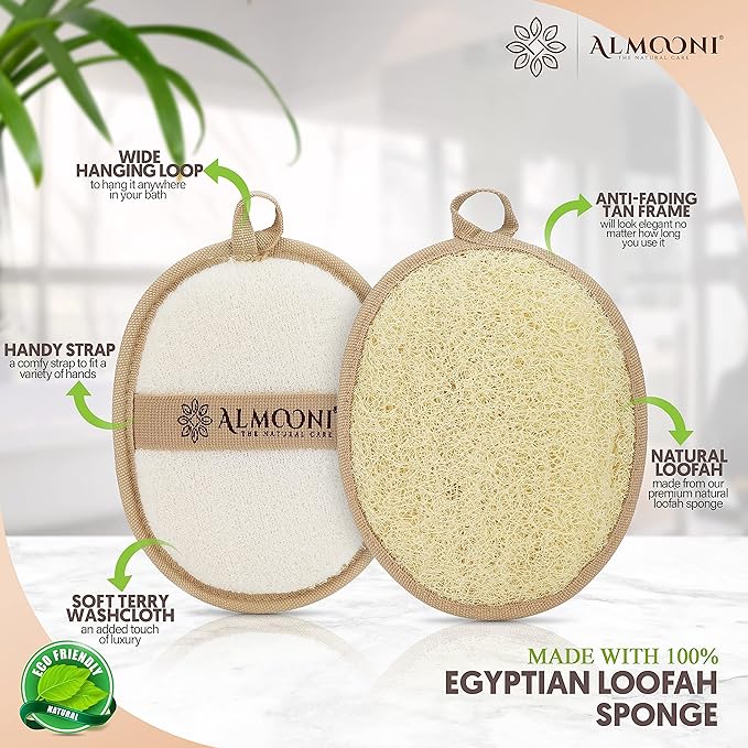 Almooni Natural Loofah Exfoliating Body Scrubber, Made with Natural Egyptian Shower Loofah Sponge, Bath Shower Loofah Sponge for Women and Men, for Face and Body That Gets You Clean - 2 Count (1 Pack)