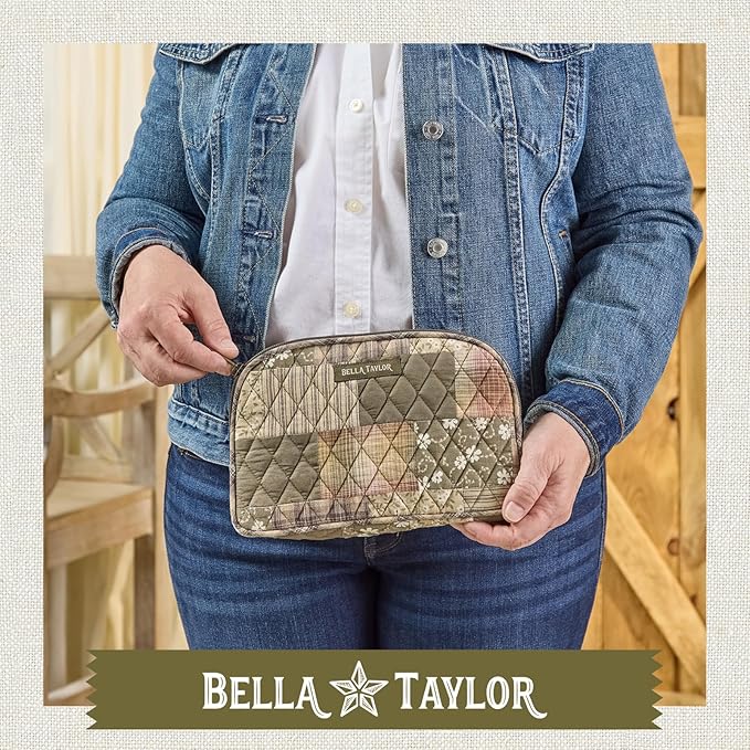 Bella Taylor Large Makeup Pouch for Women | Quilted Cotton Cosmetic Bag for Travel and Organization | Woodland Patch