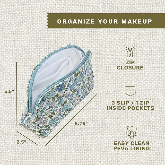 Bella Taylor Large Quilted Cotton Makeup Pouch for Women, Travel Cosmetic Bag, Quilted Cotton Delicate Floral Blue