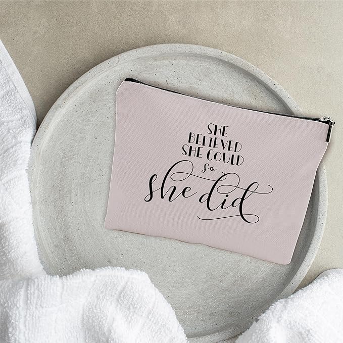 Minimalism Makeup Bag - She Believe She Could So She Did - Quotes Cosmetic Bag, Toiletry Bag Gift For Girls, Teen, Sister, Besties, Personal Care & Accessories(Warm Grey) - A05