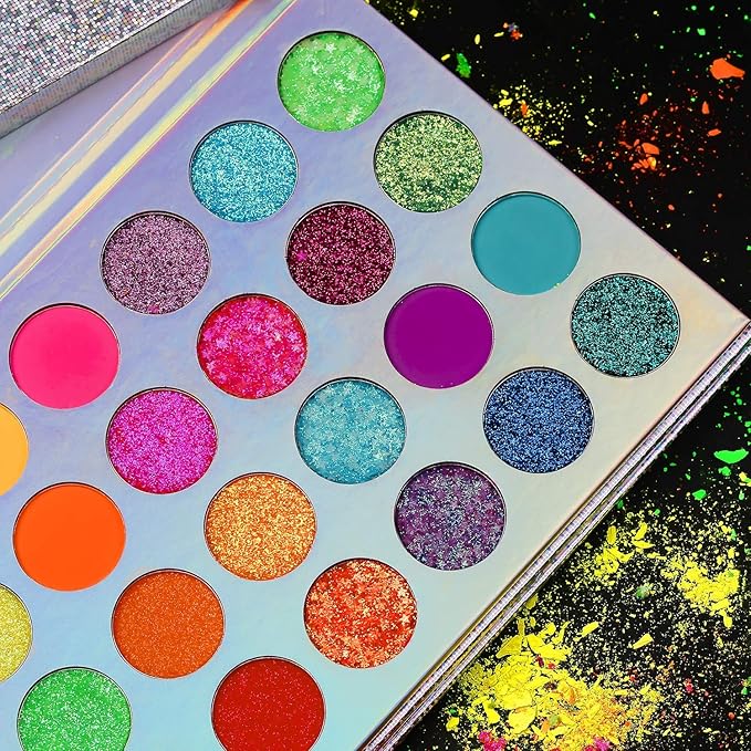 Afflano Neon Makeup Palette - Glow in the Dark Eyeshadow, Highly Pigmented, UV Blacklight Eye Shadow Palette with Red, Orange, Pink Pressed Glitter Eyeshadows