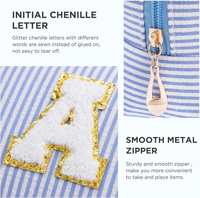 Blue Personalized Initial Makeup Bag Set, Cute Preppy Travel Toiletry Cosmetic Bags, Small Make Up Pouch, Birthday Gifts for Women, Girls, Friends, (L)