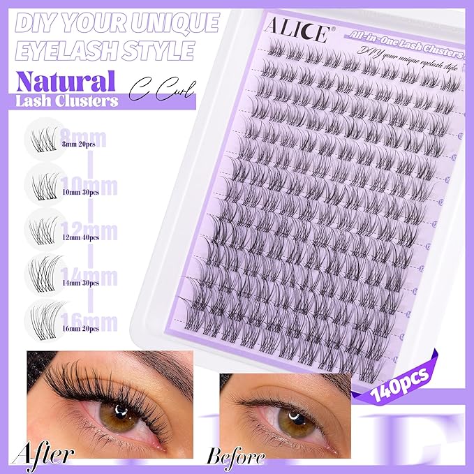 ALICE Lash Clusters Kit Natural Wispy Lash Extension Kit Clear Band Cluster Eyelash Extensions 140pcs 8-16mm Individual Lashes with Lash Glue Bond and Seal and Tweezers DIY at Home