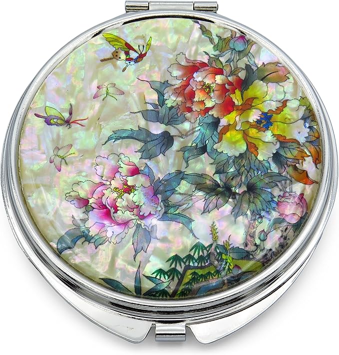 MADDesign Mother of Pearl Compact Makeup Mirror Folding Magnify Butterfly Flowers Pink Yellow
