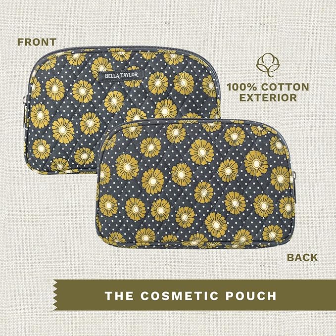 Bella Taylor Large Quilted Cotton Makeup Pouch for Women, Travel Cosmetic Bag, Quilted Cotton Dotted Daisy Charcoal Floral