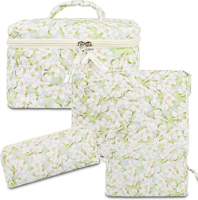 4Pcs Quilted Makeup Bag Set Cute Floral Cosmetic Bag Cotton Coquette Make up Bag Aesthetic Travel Toiletry Bag for Women Girls