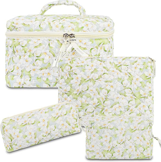 4Pcs Quilted Makeup Bag Set Cute Floral Cosmetic Bag Cotton Coquette Make up Bag Aesthetic Travel Toiletry Bag for Women Girls