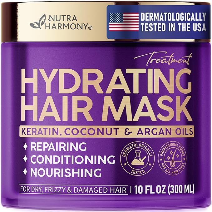 Deep Conditioning Hair Mask for Damaged & Dry – After Hair Relaxer Keratin Treatment for Curly & Color-Treated – Anti-Frizz & Split Ends Repair with Collagen, Biotin, Argan & Coconut Oils – 10 oz