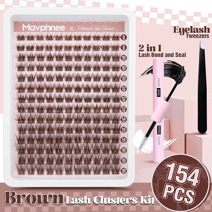 Brown Lash Clusters Kit Natural Dark Brown Eyelash Extensions Kit Wispy Individual Lashes C-Curly Cluster Lashes Extensions with Bond and Seal Lash Glue and Eyelashes Tweezers Lash Kit