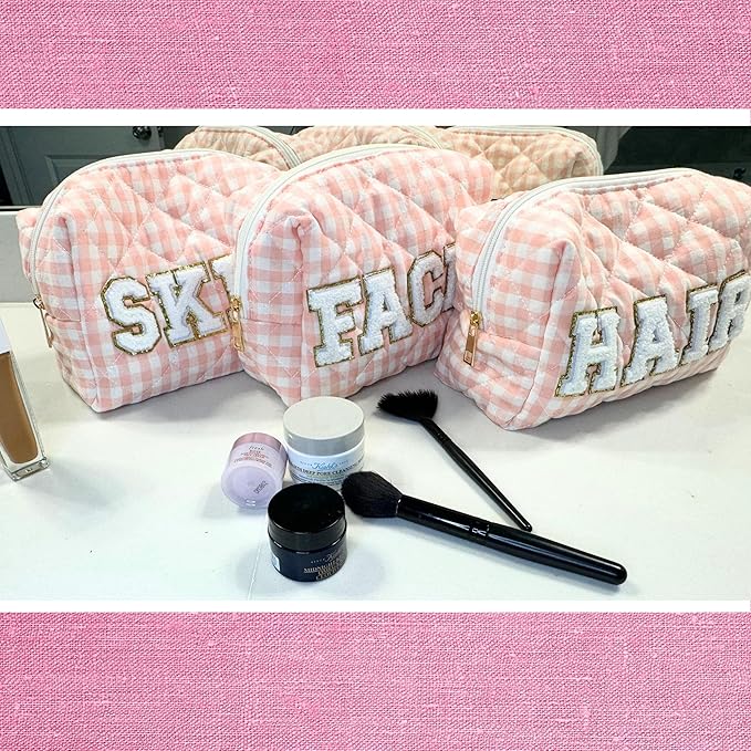 3pc Checker Makeup Cosmetic Bag Preppy Patch Travel Pouch for Women Chenille Letter Patch Small Portable Cosmetic Bag (Pink & White) (Bag Without Handle)