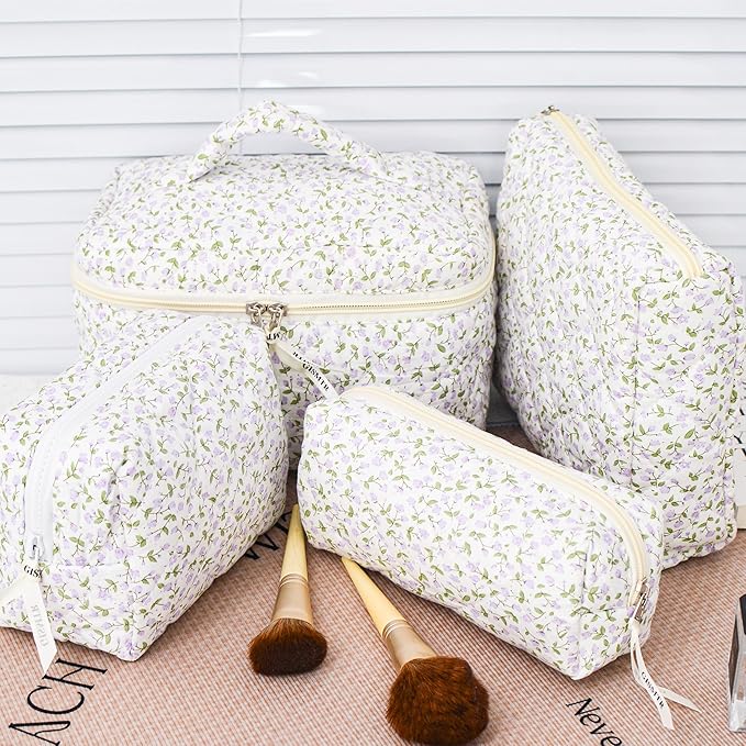 4Pcs Quilted Makeup Bag Set Cute Floral Cosmetic Bag Cotton Coquette Make up Bag Aesthetic Travel Toiletry Bag for Women Girls