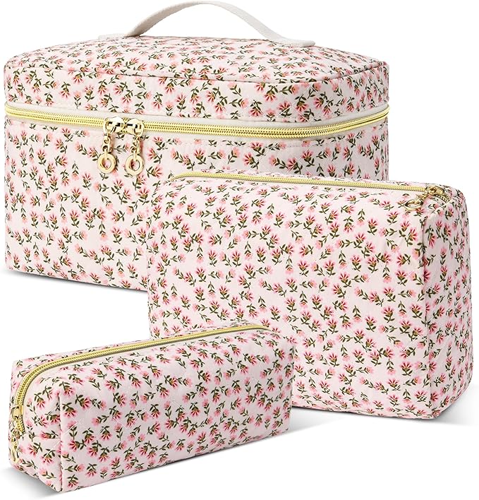 3 PCS Travel Makeup Bag Set, Large Cotton Make up Bag Quilted for Women, Floral Cosmetic Bag Toiletry Bag for Girls Cute Flower Toiletry Bag Travel Accessories Brushes Kawaii Stuff - Red Flower