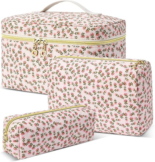 3 PCS Travel Makeup Bag Set, Large Cotton Make up Bag Quilted for Women, Floral Cosmetic Bag Toiletry Bag for Girls Cute Flower Toiletry Bag Travel Accessories Brushes Kawaii Stuff - Red Flower