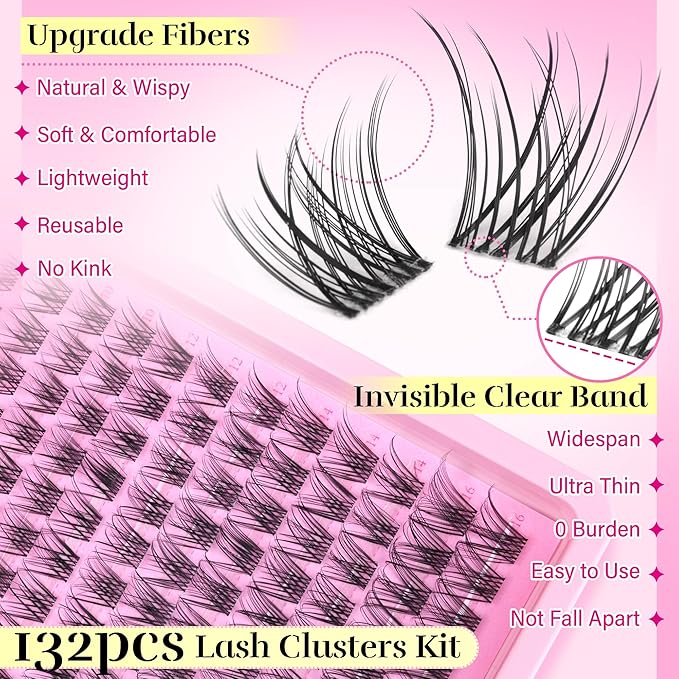 Natural Lash Clusters Kit Invisible Band Eyelash Clusters Wispy Lash Extension Kit DIY Cluster Eyelash Extension Kit Individual Lashes with Lash Glue Bond and Seal Tweezers, 8-16mm