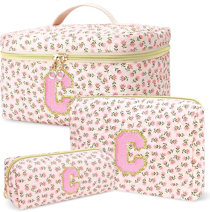 3 PCS Travel Makeup Bag Set, A-Z Initials Cotton Make up Bag Floral Quilted Cosmetic Bag for Girls and Women, Personalized Cute Toiletry Bag Travel Accessories Brushes Bag Flower - C