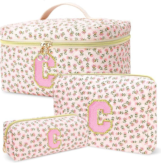 3 PCS Travel Makeup Bag Set, A-Z Initials Cotton Make up Bag Floral Quilted Cosmetic Bag for Girls and Women, Personalized Cute Toiletry Bag Travel Accessories Brushes Bag Flower - C