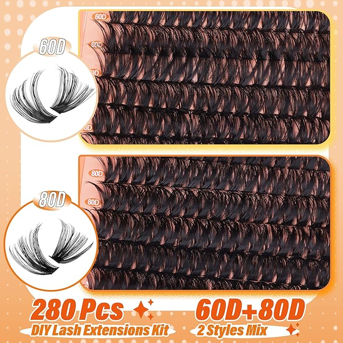 Mavphnee Lash Extensions Kit 280Pcs Cluster Eyelash Extensions Thick D-Curly Lash Clusters Volume 10-18MM DIY Individual Lashes Kit with Bond and Remover, Eyelash Tweezers(60D&80D 0.07D)