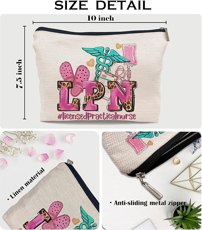 Ayxvt LPN Licensed Practical Nurse Cosmetic Bag,Retro Gorgeous Pink Leopard Clipart Decorative Women's Makeup Bag Zipper Pouch Travel Toiletry,Nurse's Day Nurse Graduation Gifts for Nurse Women Girls