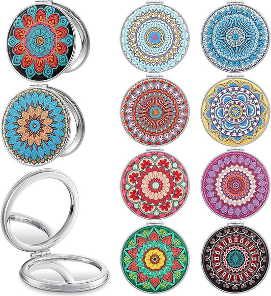 Berlune 10 Pcs Mandala Pocket Mirror Mini Travel Compact Makeup Mirrors Purses Accessories Hand Folding Beauty Mandala Designs Cosmetic Mirror Double-Sided 2 x Magnifying Supply for Girls Women