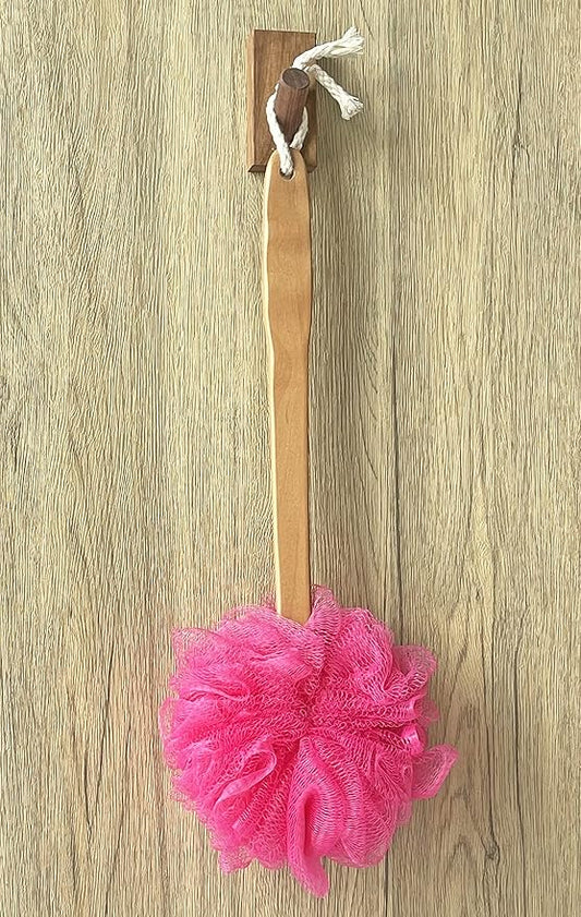 Shower Loofah Body & Back Scrubber - Exfoliating Loofah Bath Brush On a Stick - with Long Wooden Handle Back Brush for Men & Women - Easy Reach Body Wash & Lotion Applicator（Red）