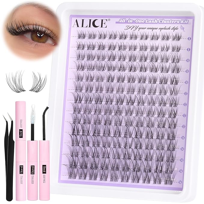 ALICE Lash Clusters Kit Natural Wispy Lash Extension Kit Clear Band Cluster Eyelash Extensions 140pcs 8-16mm Individual Lashes with Lash Glue Bond and Seal and Tweezers DIY at Home