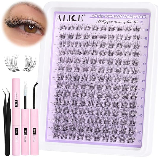 ALICE Lash Clusters Kit Natural Wispy Lash Extension Kit Clear Band Cluster Eyelash Extensions 140pcs 8-16mm Individual Lashes with Lash Glue Bond and Seal and Tweezers DIY at Home