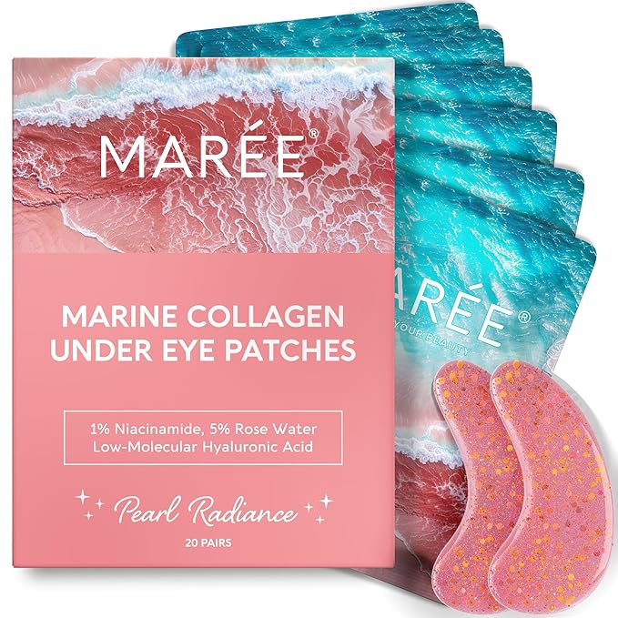 MAREE Pink Eye Gels - Marine Collagen Under Eye Patches for Puffy Eyes and Dark Circles - Undereye Mask Patches for Women - Hydrating Gel Eye Masks with Rose Water - Parches Para Ojeras Gel Pads