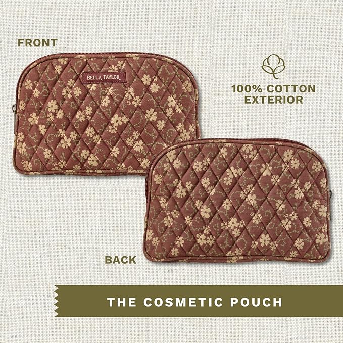 Bella Taylor Large Makeup Pouch for Women | Quilted Cotton Cosmetic Bag for Travel and Organization | Burgundy Floral